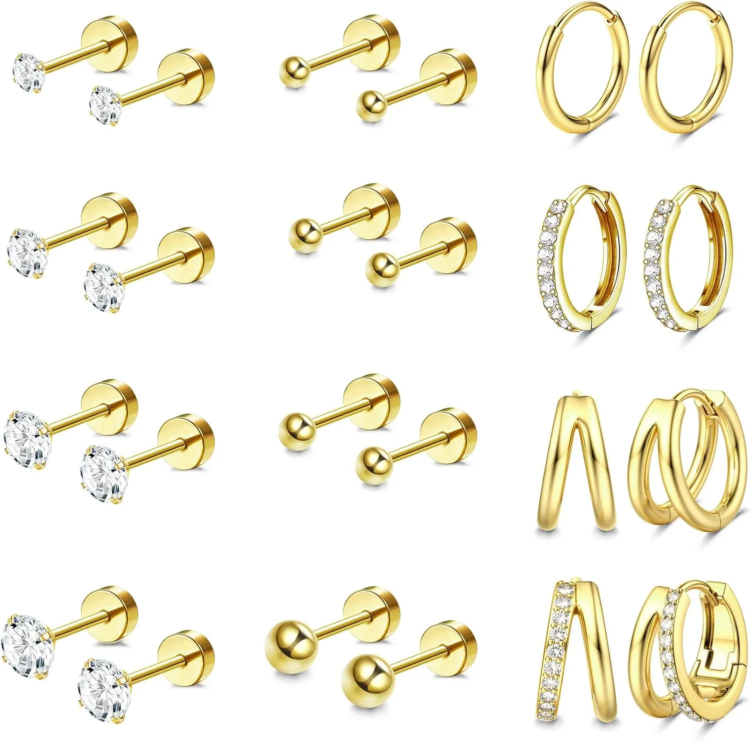 Jstyle Hypoallergenic Gold Stud Hoop Earrings for Women Men Surgical Stainless Steel Flat Back Earrings Small 14K Gold Huggie Hoops Cartilage Earring Set for Multiple Piercing Jewelry Gifts for Women