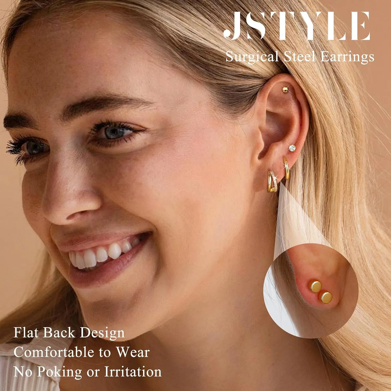 Jstyle Hypoallergenic Gold Stud Hoop Earrings for Women Men Surgical Stainless Steel Flat Back Earrings Small 14K Gold Huggie Hoops Cartilage Earring Set for Multiple Piercing Jewelry Gifts for Women