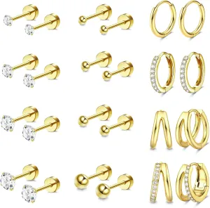 Jstyle Hypoallergenic Gold Stud Hoop Earrings for Women Men Surgical Stainless Steel Flat Back Earrings Small 14K Gold Huggie Hoops Cartilage Earring Set for Multiple Piercing Jewelry Gifts for Women