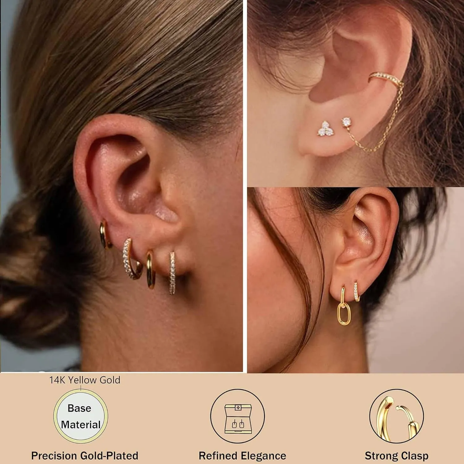 Jstyle Small Gold Hoop Earrings Set for Women, 14k Gold Plated Hoop Studs Earrings for Women, Hypoallergenic Dainty Gold Earrings for Gift