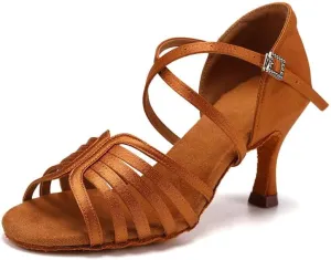 JUODVMP Women Satin Latin Dance Shoes Open Toe Braided Ballroom Practicing Shoes