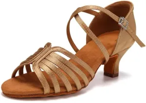 JUODVMP Women Satin Latin Dance Shoes Open Toe Braided Ballroom Practicing Shoes