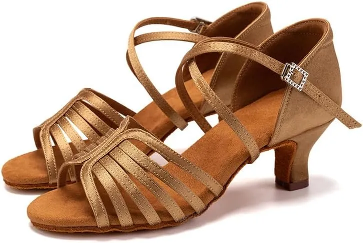 JUODVMP Women Satin Latin Dance Shoes Open Toe Braided Ballroom Practicing Shoes