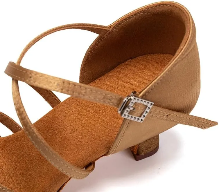 JUODVMP Women Satin Latin Dance Shoes Open Toe Braided Ballroom Practicing Shoes