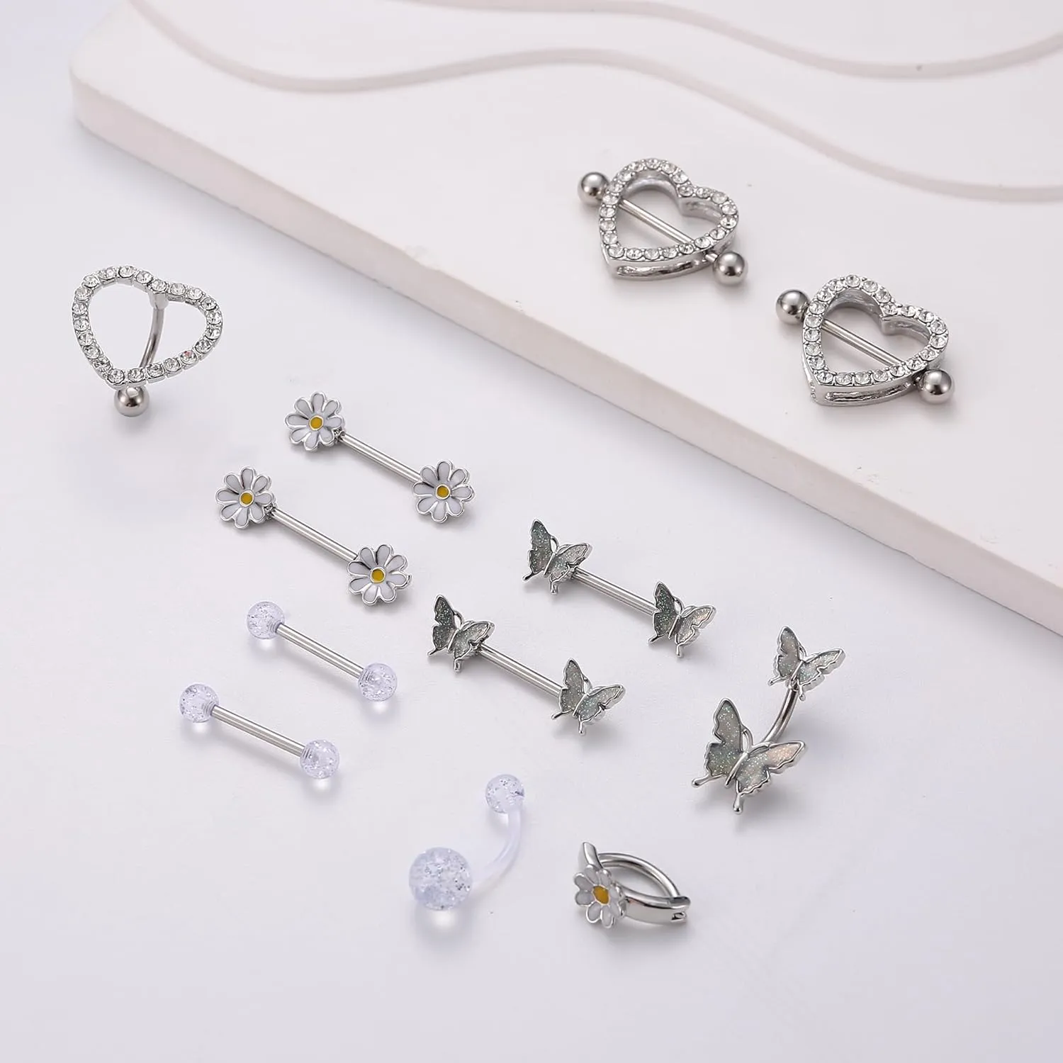 Kakonia 12 Pcs 14G Nipple Piercing Jewelry - Surgical Steel Nipple Rings Belly Rings for Women,Dainty Butterfly Belly Button Ring Heart Nipple Piercing Jewelry Set Cute Flower CZ Nipple Ring Barbells Body Piercing Jewelry