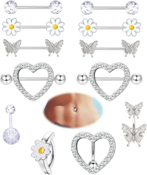 Kakonia 12 Pcs 14G Nipple Piercing Jewelry - Surgical Steel Nipple Rings Belly Rings for Women,Dainty Butterfly Belly Button Ring Heart Nipple Piercing Jewelry Set Cute Flower CZ Nipple Ring Barbells Body Piercing Jewelry
