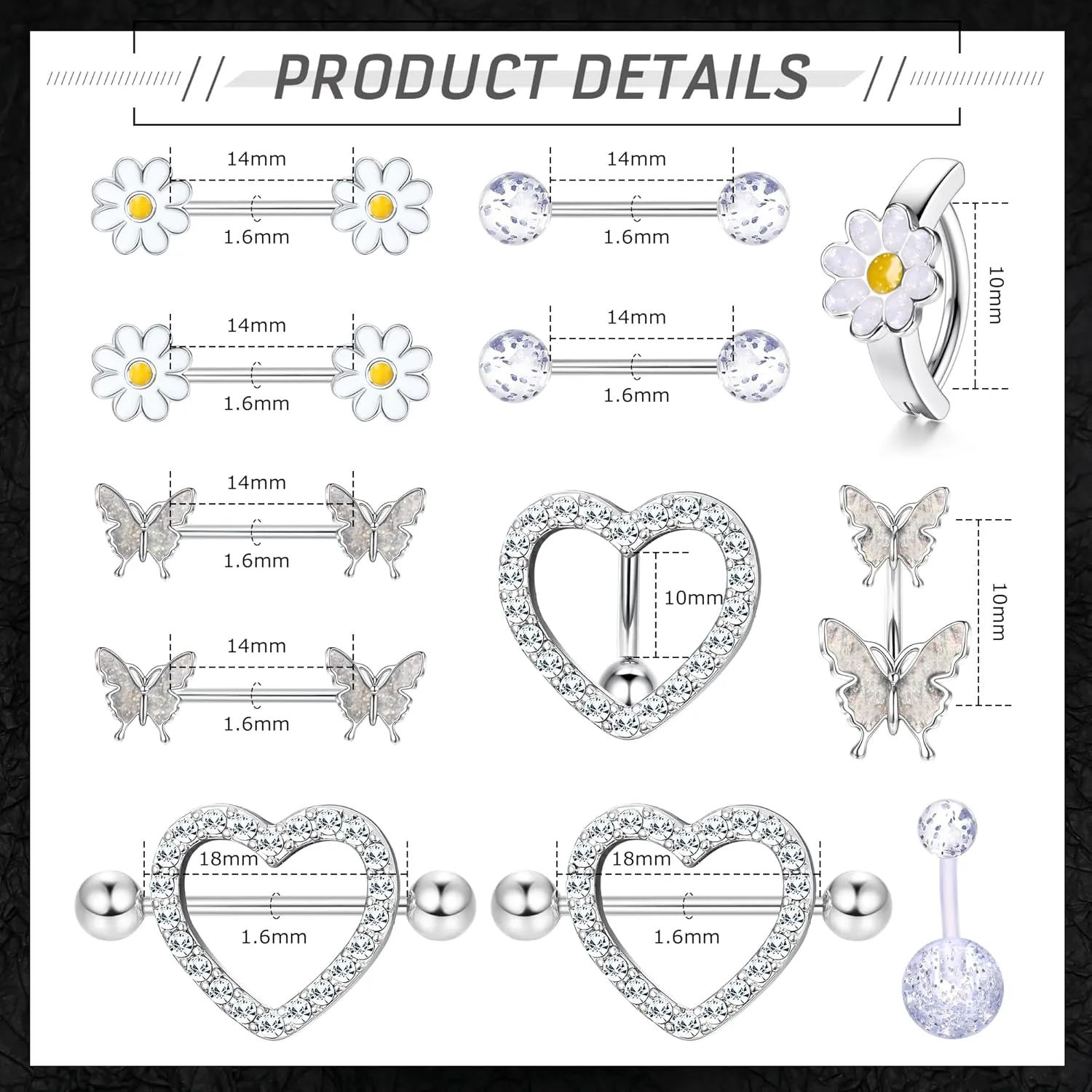 Kakonia 12 Pcs 14G Nipple Piercing Jewelry - Surgical Steel Nipple Rings Belly Rings for Women,Dainty Butterfly Belly Button Ring Heart Nipple Piercing Jewelry Set Cute Flower CZ Nipple Ring Barbells Body Piercing Jewelry