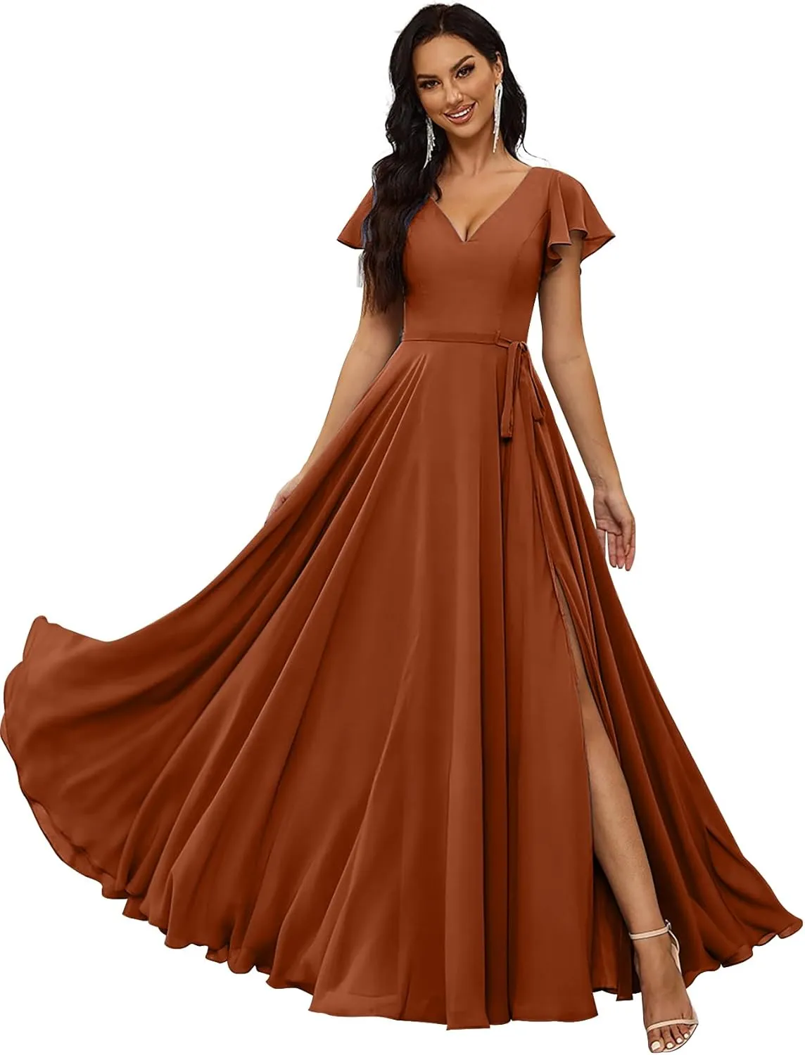KDTM Flutter Sleeve Chiffon Bridesmaid Dresses for Women Long V Neck Formal Evening Gowns with Slit