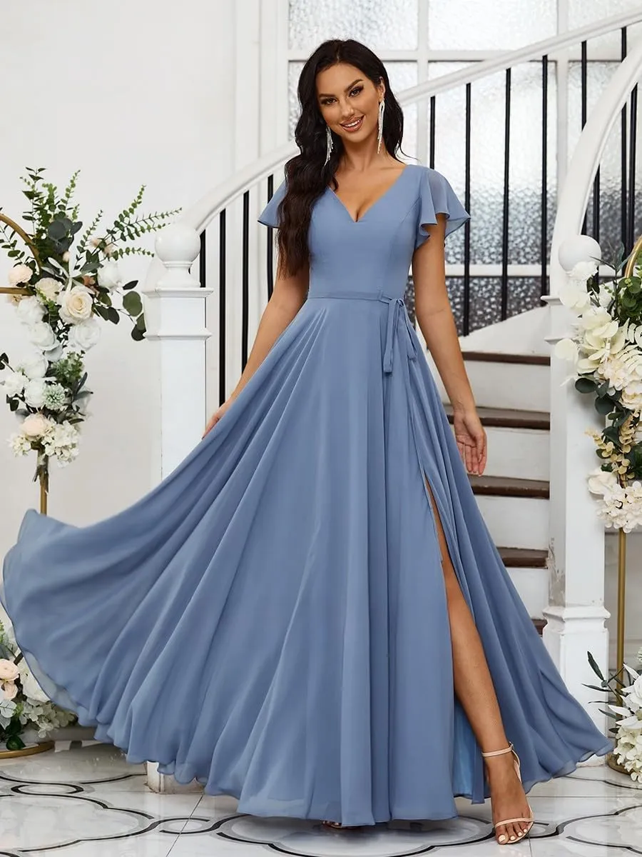 KDTM Flutter Sleeve Chiffon Bridesmaid Dresses for Women Long V Neck Formal Evening Gowns with Slit