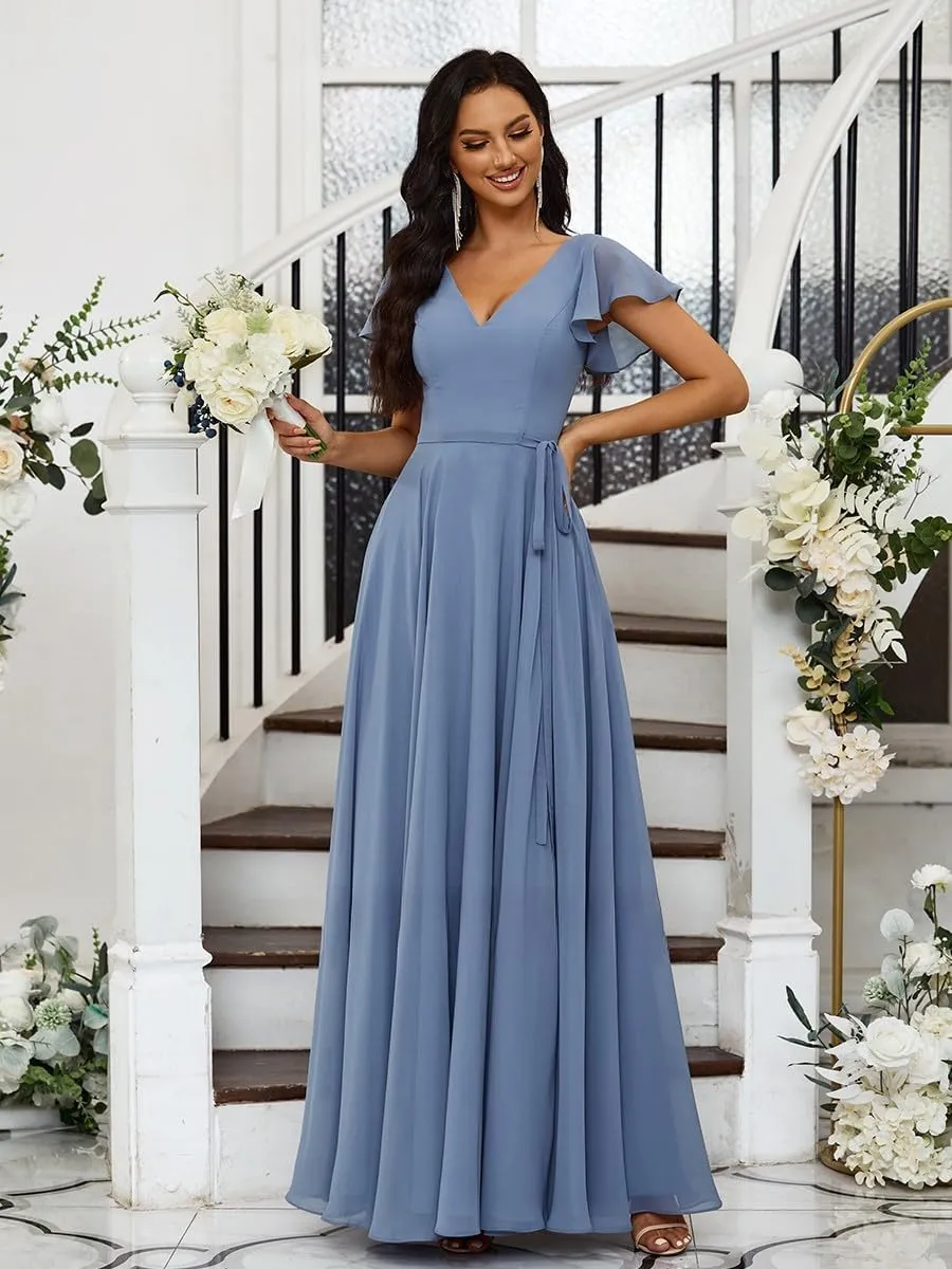 KDTM Flutter Sleeve Chiffon Bridesmaid Dresses for Women Long V Neck Formal Evening Gowns with Slit