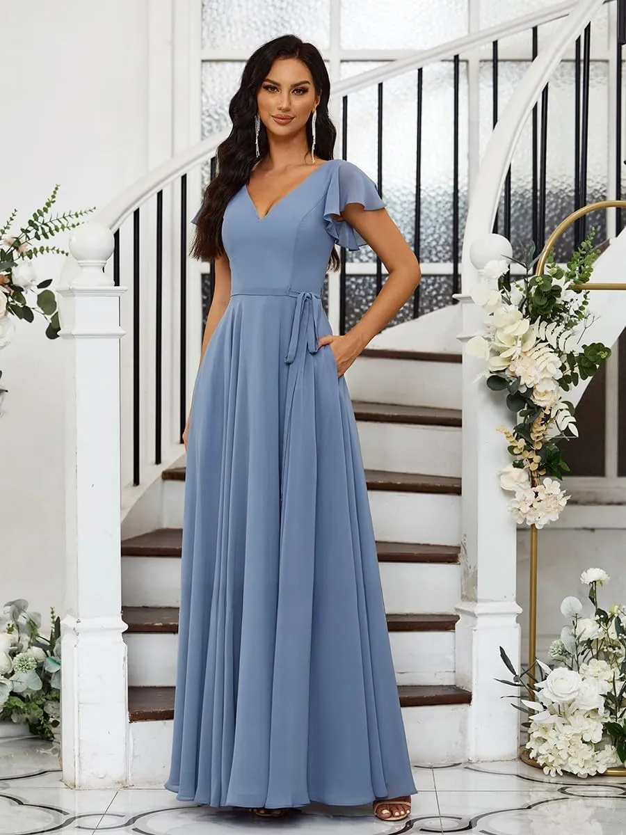 KDTM Flutter Sleeve Chiffon Bridesmaid Dresses for Women Long V Neck Formal Evening Gowns with Slit