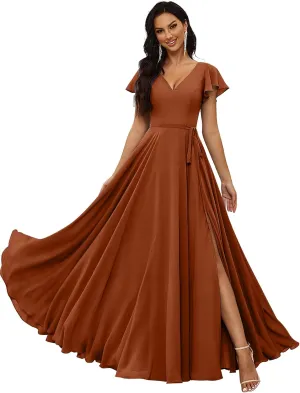 KDTM Flutter Sleeve Chiffon Bridesmaid Dresses for Women Long V Neck Formal Evening Gowns with Slit