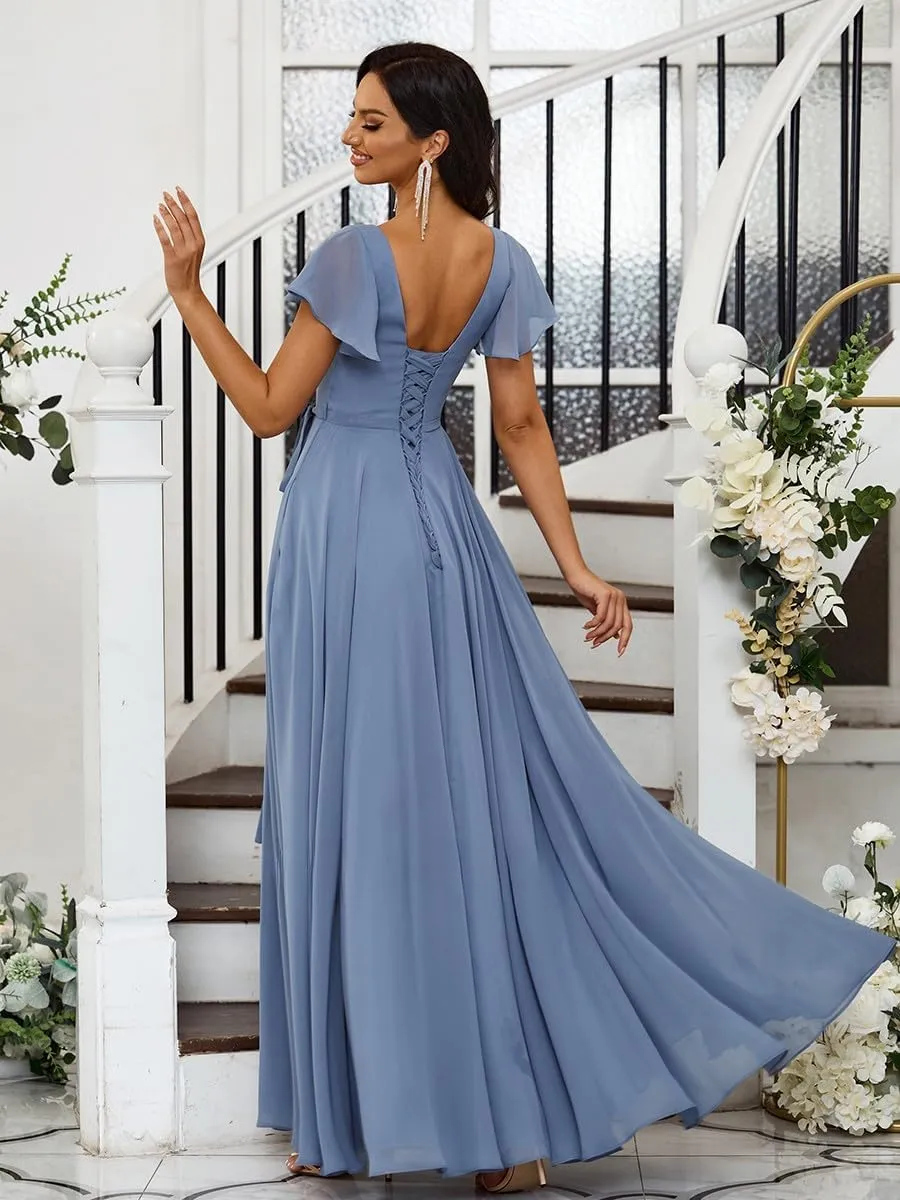 KDTM Flutter Sleeve Chiffon Bridesmaid Dresses for Women Long V Neck Formal Evening Gowns with Slit