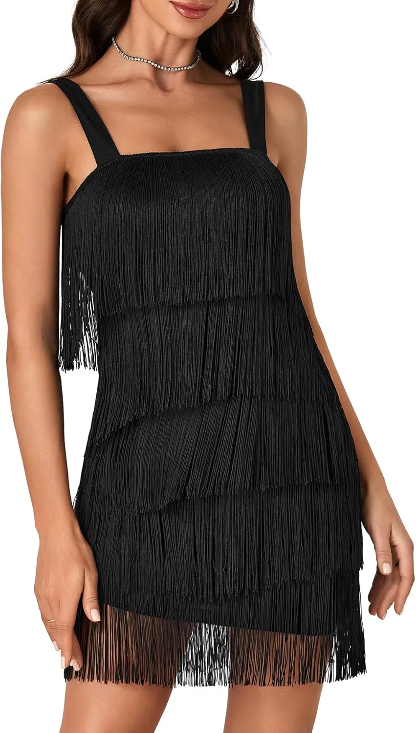 KIFOVEN Womens Layered Fringe Dress Sleeveless 1920s Flapper Dress Gatsby All-Over Tassel Mini Dress