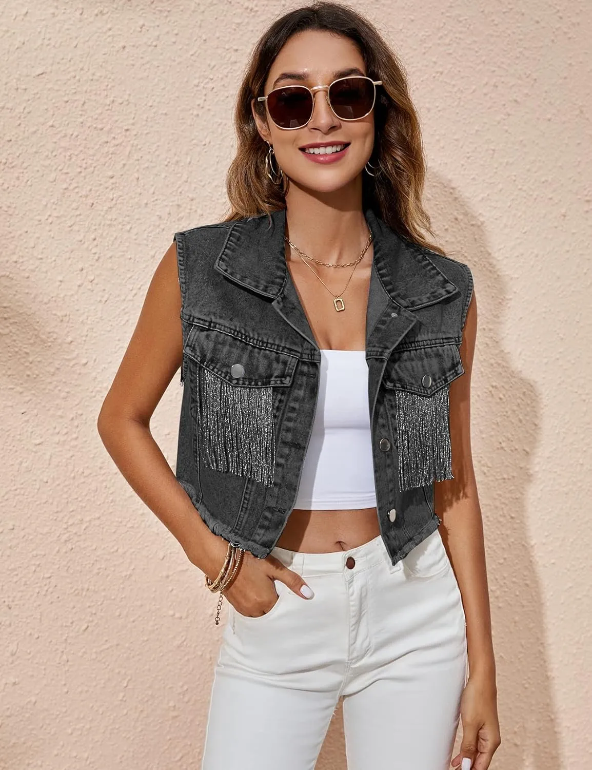 Kissonic Women's Fringe Distressed Denim Vest Y2k Crop Frayed Hem Sleeveless Jean Jacket