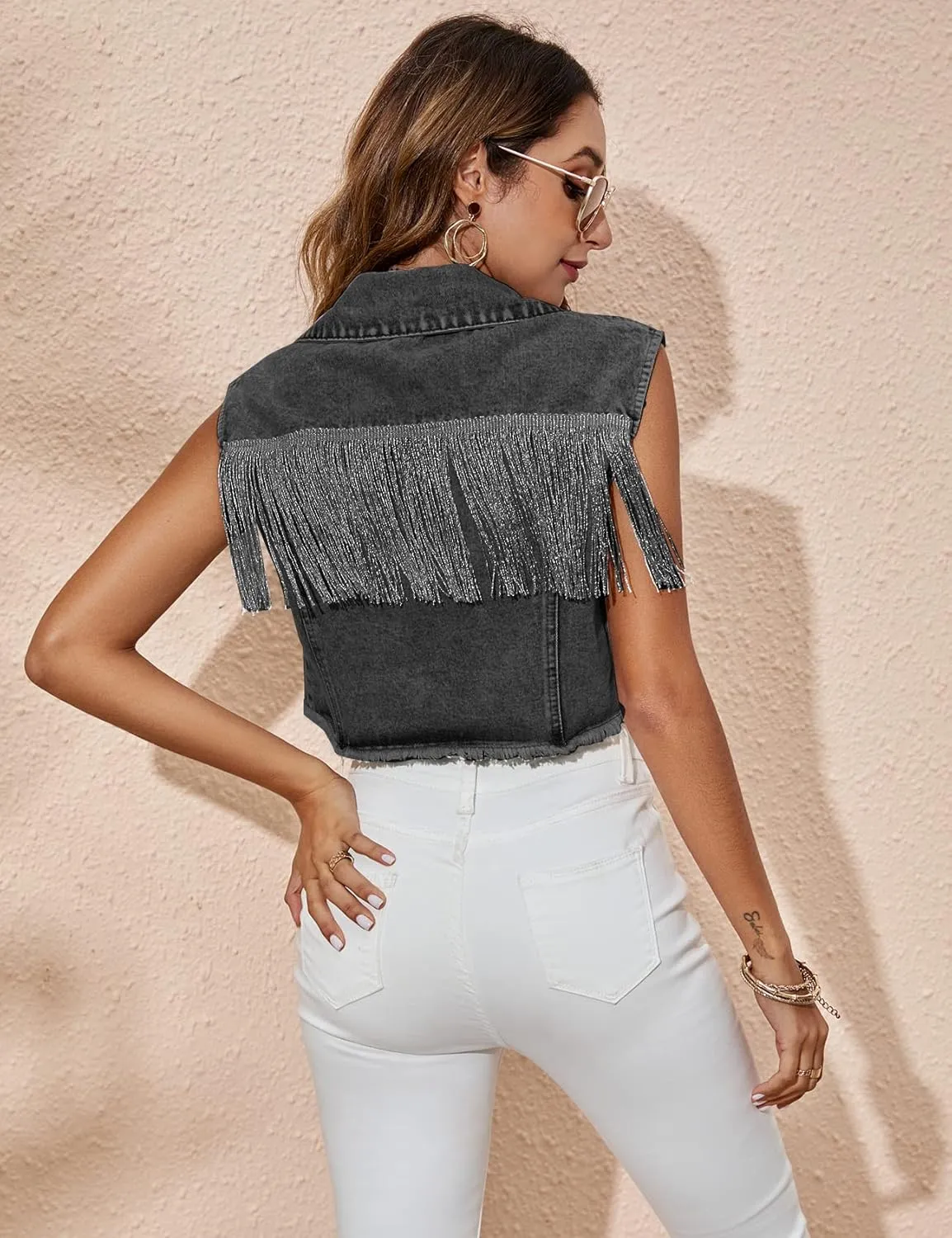 Kissonic Women's Fringe Distressed Denim Vest Y2k Crop Frayed Hem Sleeveless Jean Jacket