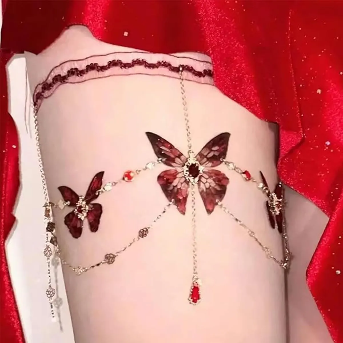 Lace Butterfly Tassels Thigh Jewelry, Adjustable Sexy Layered Butterfly Lace Leg Chains Body Chains