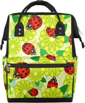 Ladybugs Flower Diaper Bag Tote Large Capacity Waterproof with Adjustable Shoulder Strap and Pram Straps Mommy Bag for Hospital Beach Weekender Travel
