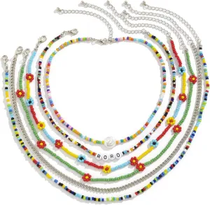 Layered Choker Necklaces for Women, Layered Necklaces for Women Simple Daisy Round Bead Letter Pearl Pendant Chain Necklaces Jewelry Gifts for Birthday Wedding, 6 Pieces, Silver