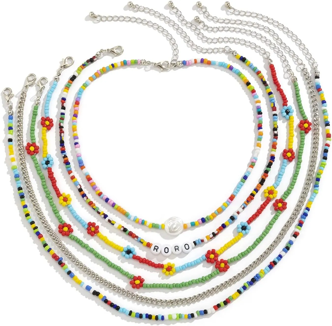 Layered Choker Necklaces for Women, Layered Necklaces for Women Simple Daisy Round Bead Letter Pearl Pendant Chain Necklaces Jewelry Gifts for Birthday Wedding, 6 Pieces, Silver