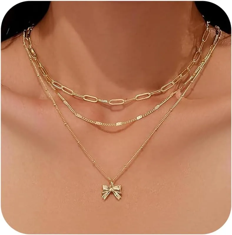 Layered gold necklaces for women, stackable 14K real gold plated brass necklaces with circles, paperclip chains and bow pendant choker necklaces. It's a simple and trendy jewelry set