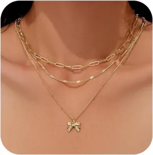 Layered gold necklaces for women, stackable 14K real gold plated brass necklaces with circles, paperclip chains and bow pendant choker necklaces. It's a simple and trendy jewelry set
