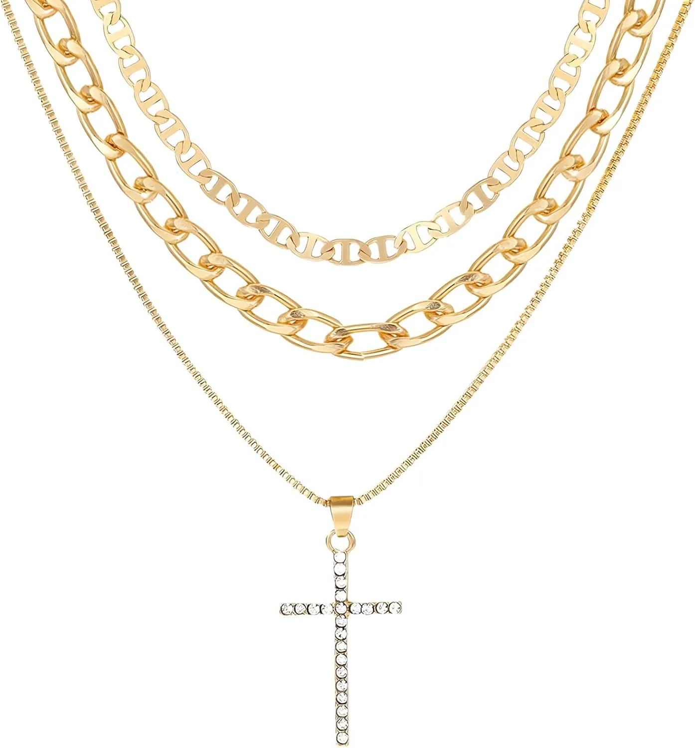 Layered Gold Necklaces for Women, Stacked Necklaces with Cross and Circle Pendant, Minimalist Gold Necklace Stack for Everyday Wear, Casual Choker Style Layered Necklaces for Women