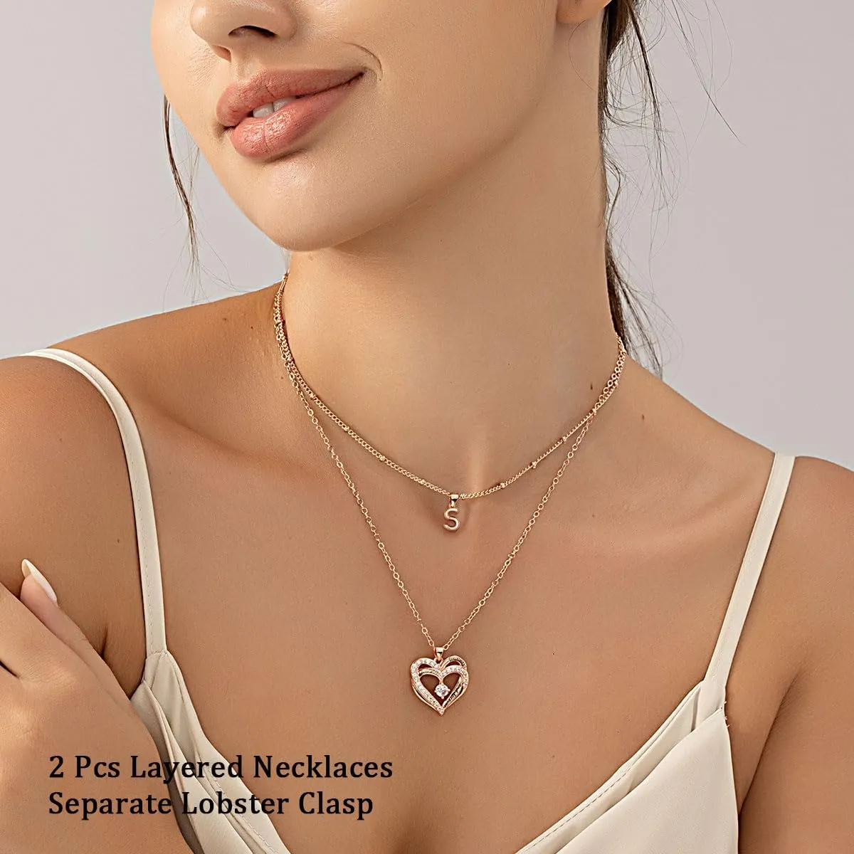 Layered Heart Necklaces for Women, 14k Gold Plated Layering Cubic Zirconia Heart Pendant Initial A-Z Choker Necklaces, Adjustable Chain Necklaces Jewelry Gift for Women Wife Mom