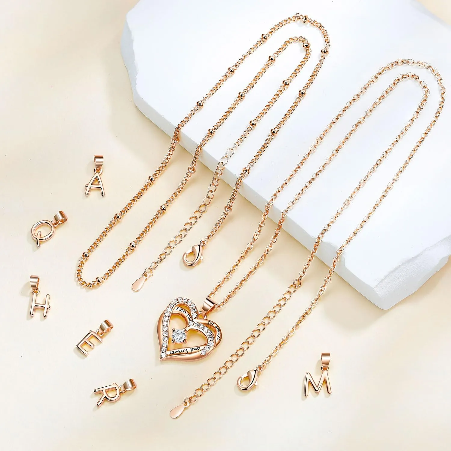 Layered Heart Necklaces for Women, 14k Gold Plated Layering Cubic Zirconia Heart Pendant Initial A-Z Choker Necklaces, Adjustable Chain Necklaces Jewelry Gift for Women Wife Mom