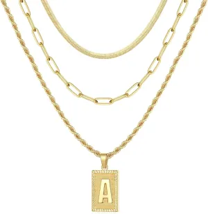Layered Initial Necklaces for Women, 14K Gold Plated Layering Paperclip Chain Snake Choker Necklace Dainty Rope Chain Square Pendant Letter Initial Necklaces Gold Layered Necklaces for Women Jewelry