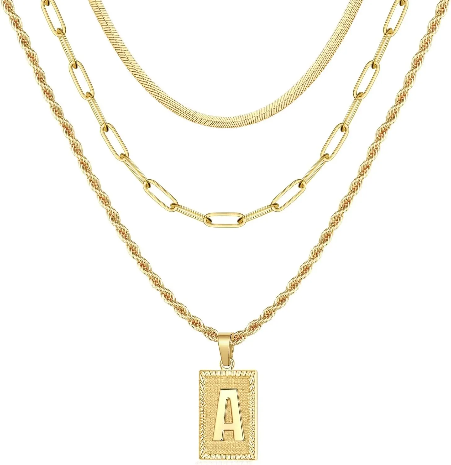 Layered Initial Necklaces for Women, 14K Gold Plated Layering Paperclip Chain Snake Choker Necklace Dainty Rope Chain Square Pendant Letter Initial Necklaces Gold Layered Necklaces for Women Jewelry