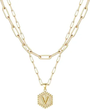 Layered Necklaces for Women Dainty Gold Necklace for Women,Gold Plated Stackable Layering Chains Initial Letter Pendants Christmas Jewelry Gifts for Her Gold Plated Sterling Silver