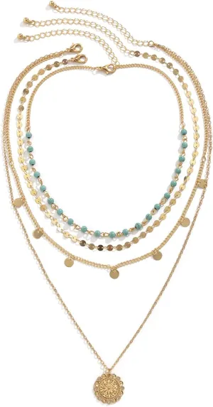 Layered Turquoise Necklaces For Women Gold Turquoise Coin Pendant Layered Necklaces Chain Glitter Bohemia Sequin Tassel Long Necklace Beach Chain Jewelry Adjustable