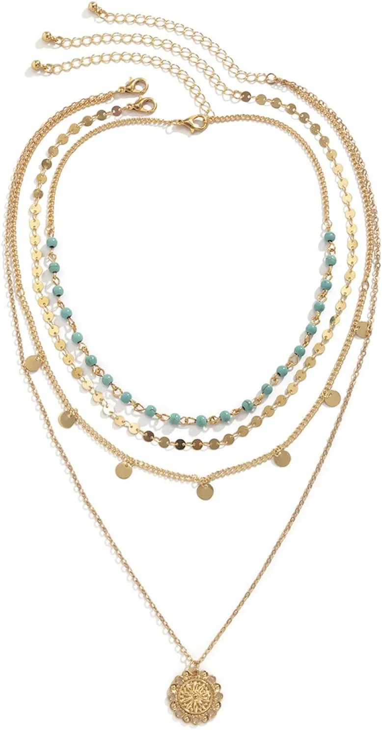 Layered Turquoise Necklaces For Women Gold Turquoise Coin Pendant Layered Necklaces Chain Glitter Bohemia Sequin Tassel Long Necklace Beach Chain Jewelry Adjustable