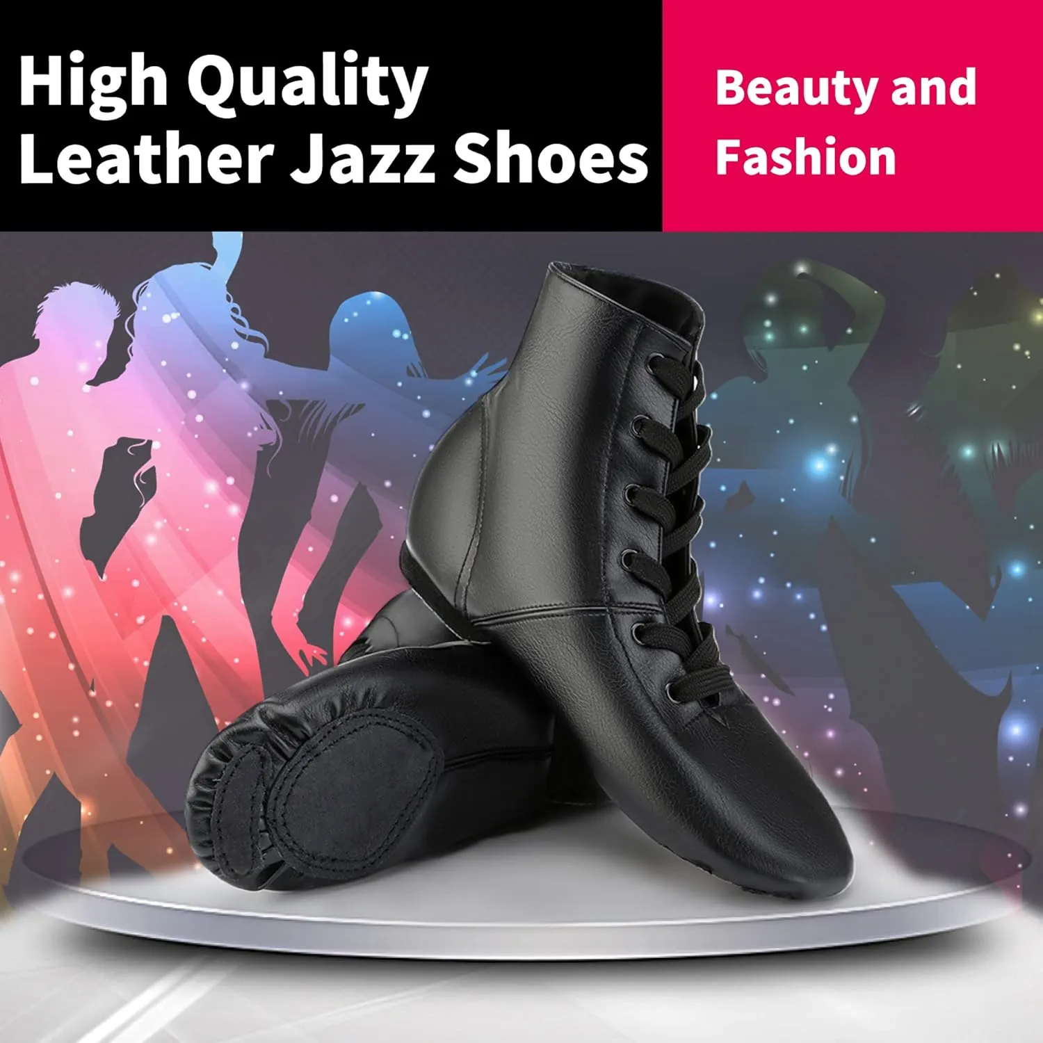 Leather Jazz Shoes for Women,Lace Up Jazz Dance Shoe for Men and Women,Black
