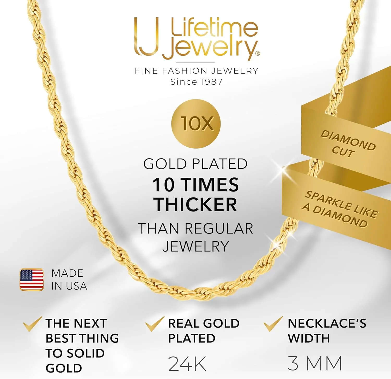 LIFETIME JEWELRY 24k Gold Plated 3mm Gold Rope Chain for Men & Women Diamond Cut Gold Chain Necklace Women & Necklace for Men 14 to 36 Inch