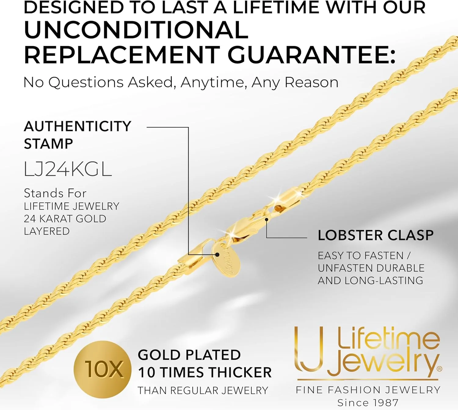 LIFETIME JEWELRY 24k Gold Plated 3mm Gold Rope Chain for Men & Women Diamond Cut Gold Chain Necklace Women & Necklace for Men 14 to 36 Inch