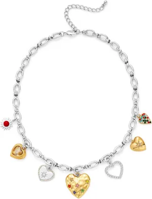 LILIE&WHITE Gold And Silver Charms Necklace Colorful Puffy Heart Pendant Necklace Trendy Chain Link Necklaces Fashion Two Tone Choker Necklaces