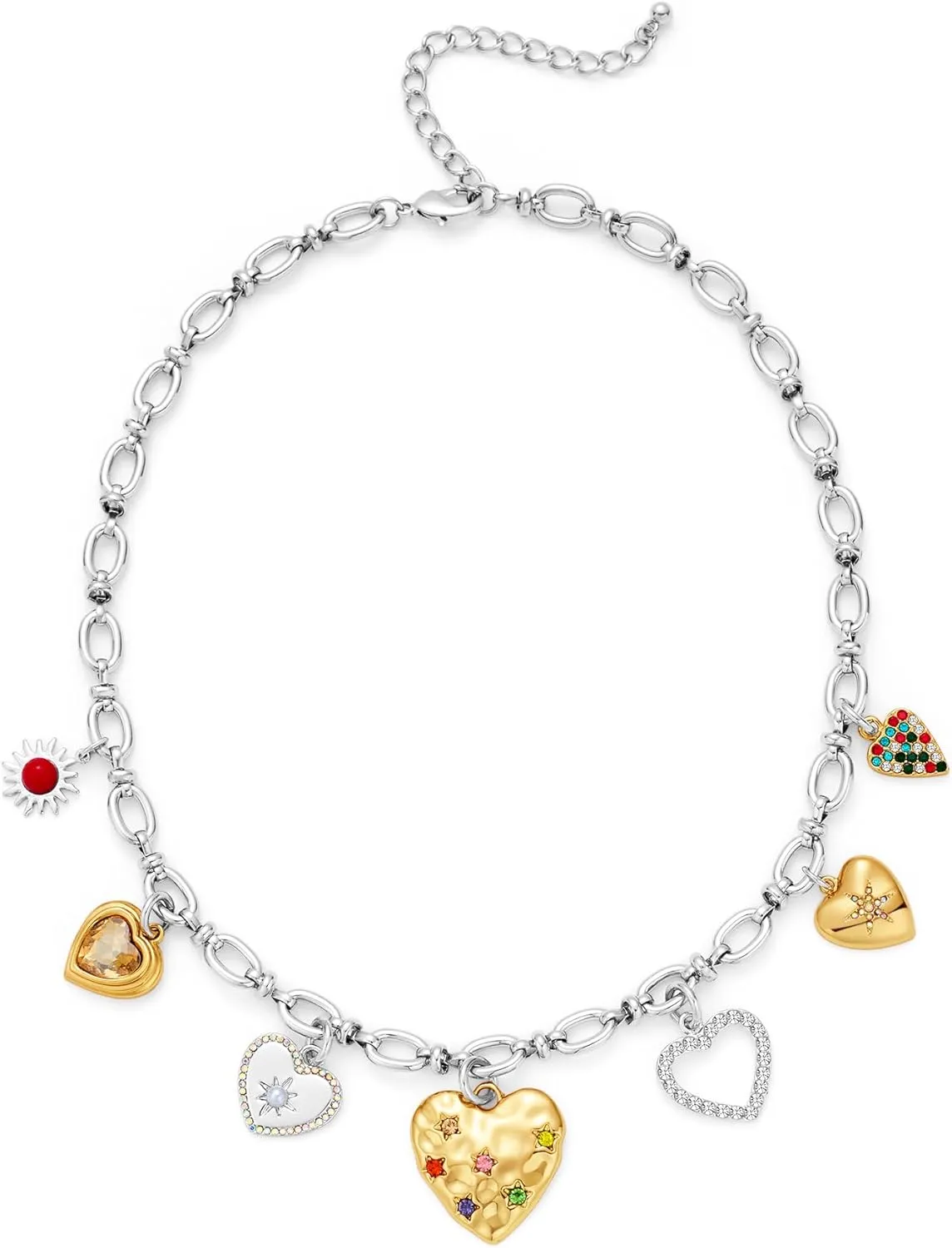 LILIE&WHITE Gold And Silver Charms Necklace Colorful Puffy Heart Pendant Necklace Trendy Chain Link Necklaces Fashion Two Tone Choker Necklaces