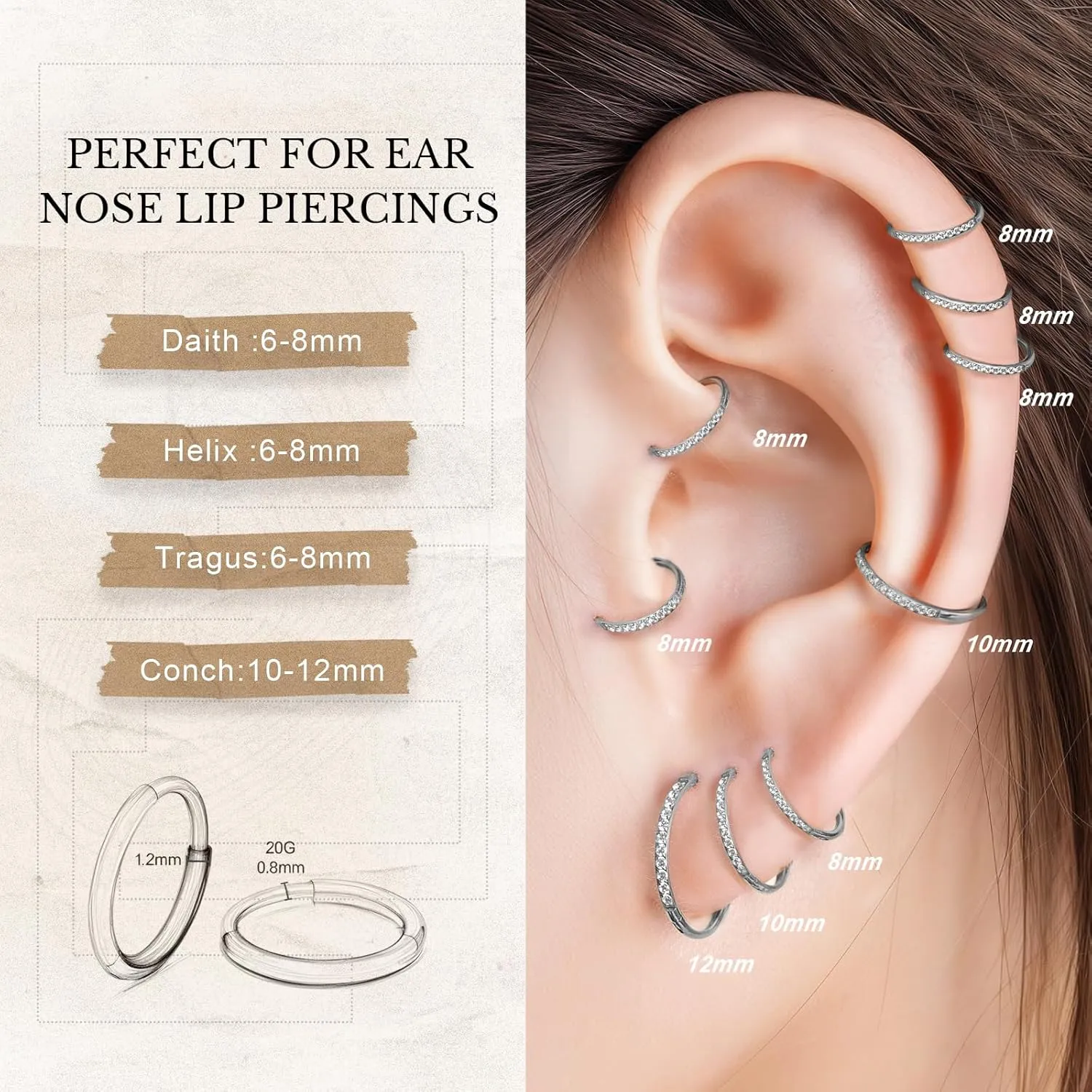 limerencia Small Hoop Earrings for Women, Hypoallergenic Titanium Huggie Hoop Earrings Set G23 Piercings Cartilage Earrings Set for Women Sensitive Ears (White CZ Silver, 10mm)