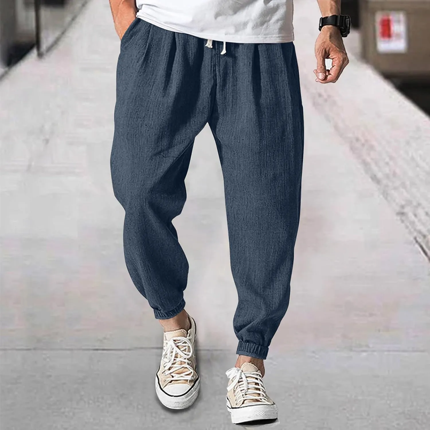 Linen Pants for Men Casual Beach Summer Lightweight Long Trousers with Pockets
