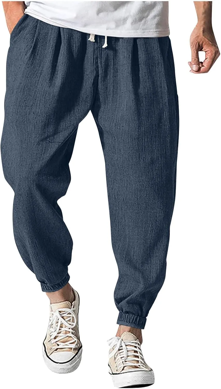 Linen Pants for Men Casual Beach Summer Lightweight Long Trousers with Pockets