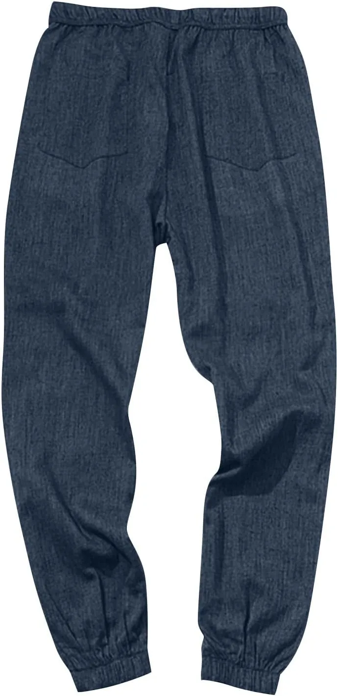 Linen Pants for Men Casual Beach Summer Lightweight Long Trousers with Pockets