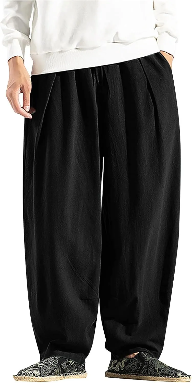 Linen Pants for Men Casual Drawstring Lightweight Loose Beach Yoga Trousers