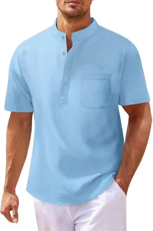 Linen Shirts Men's Novelty Short Sleeve Mock Neck Henley Shirt Casual Summer Baggy Cotton Basic Tee Top with Pocket