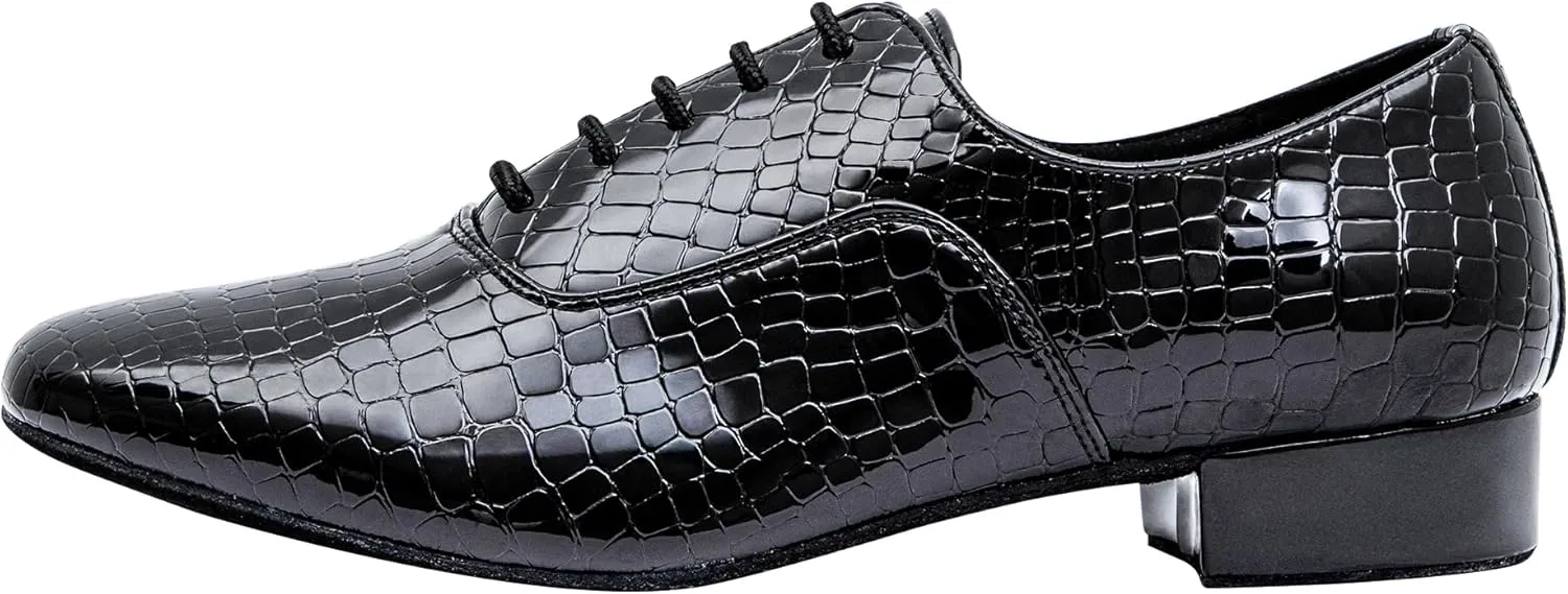 Linodes Men's Latin Dance Shoes 1 Inch Leather Sole Ballroom Salsa Tango Waltz Character Shoe-Black Patent Croco