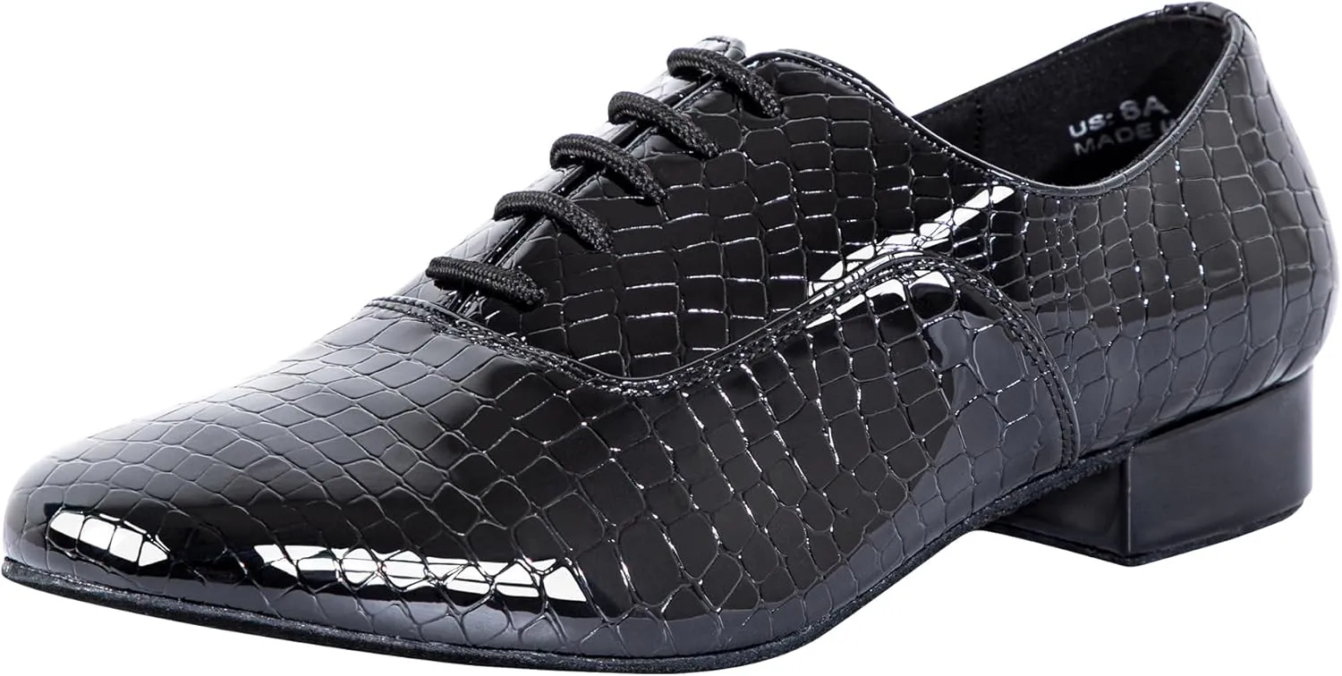 Linodes Men's Latin Dance Shoes 1 Inch Leather Sole Ballroom Salsa Tango Waltz Character Shoe-Black Patent Croco