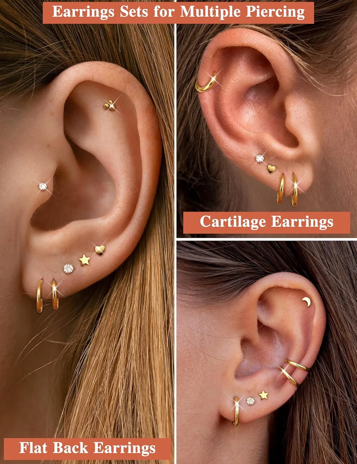 LOLIAS Small Hypoallergenic Flat Back Stud Earrings for Women Men 14K Gold Plated Surgical Stainless Steel Earring Sets Tiny Screw Back Cartilage Earring