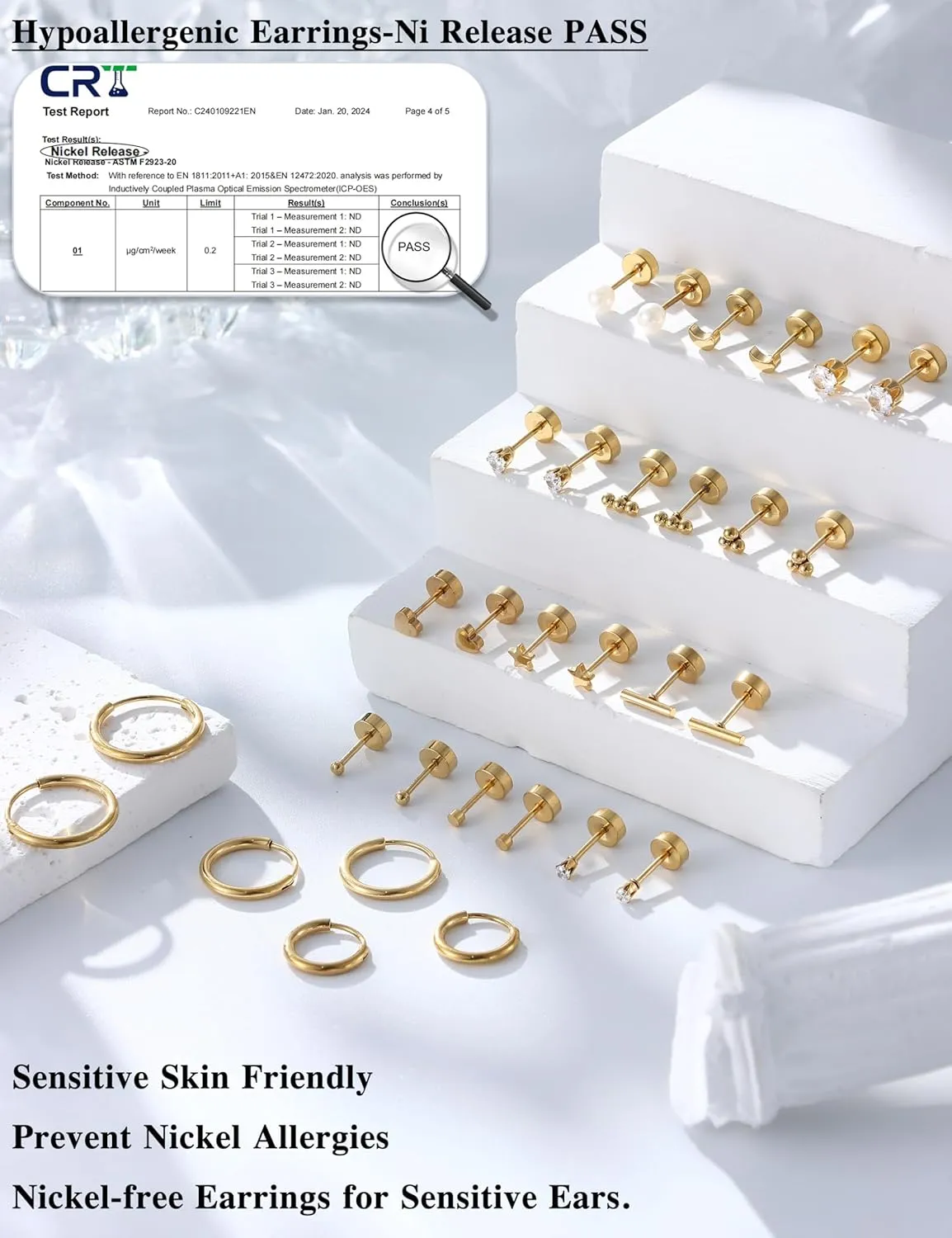 LOLIAS Small Hypoallergenic Flat Back Stud Earrings for Women Men 14K Gold Plated Surgical Stainless Steel Earring Sets Tiny Screw Back Cartilage Earring