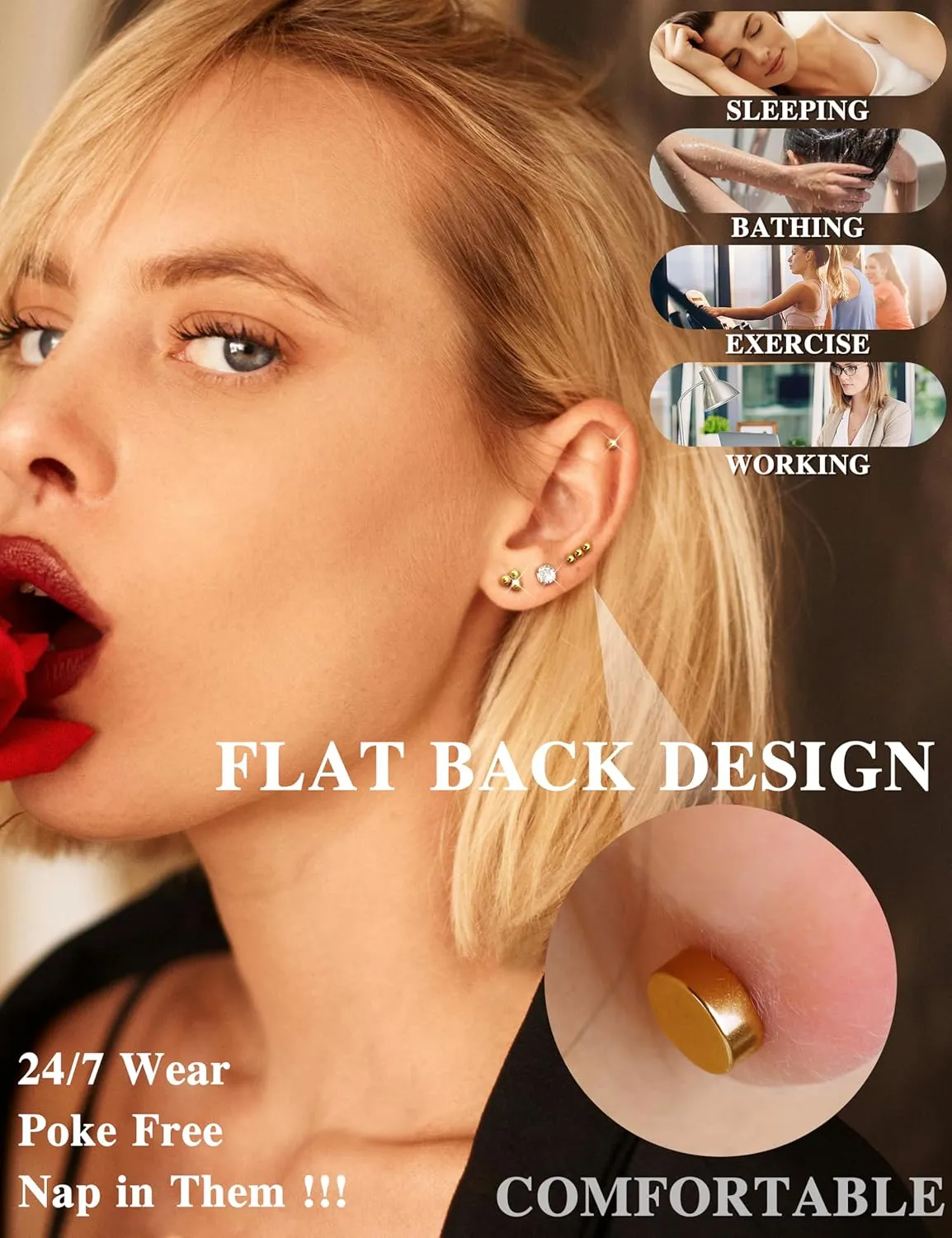 LOLIAS Small Hypoallergenic Flat Back Stud Earrings for Women Men 14K Gold Plated Surgical Stainless Steel Earring Sets Tiny Screw Back Cartilage Earring